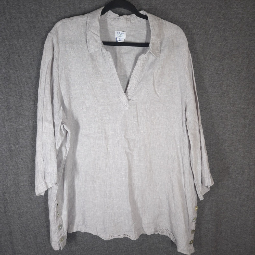 Sigrid Olsen 100% Linen Tunic Top Womens 1X Light Gray Pullover Lagenlook